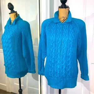 Vintage 80's Illustration's Teal Cable Knit Sweater Pullover Funnel Neck M